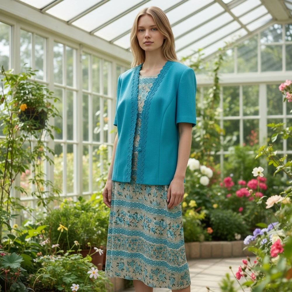 Koret Dress Set Turquoise Blue Floral Jacket & Sleeveless Midi Dress 16 Teacher